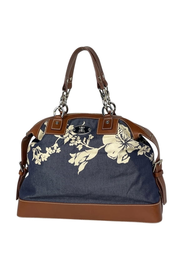 Pre-Owned Celine Blazon handbag, hibiscus pattern, denim, navy, brown, women's.