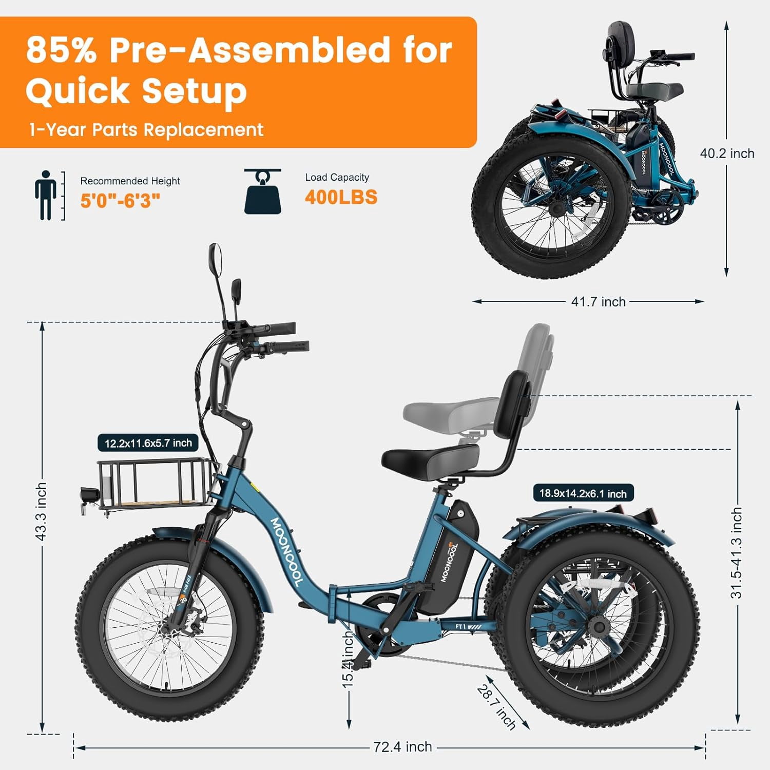Lilypelle Peak 1100w Folding Electric Tricycle for Adults, 7 Speed 20" x 4.0 " Fat Tire 3 Wheel Aluminum Electric Bike W/ Differential & Suspension Fork, 48V 14.5Ah Battery, Up to 60Miles, 16Mph