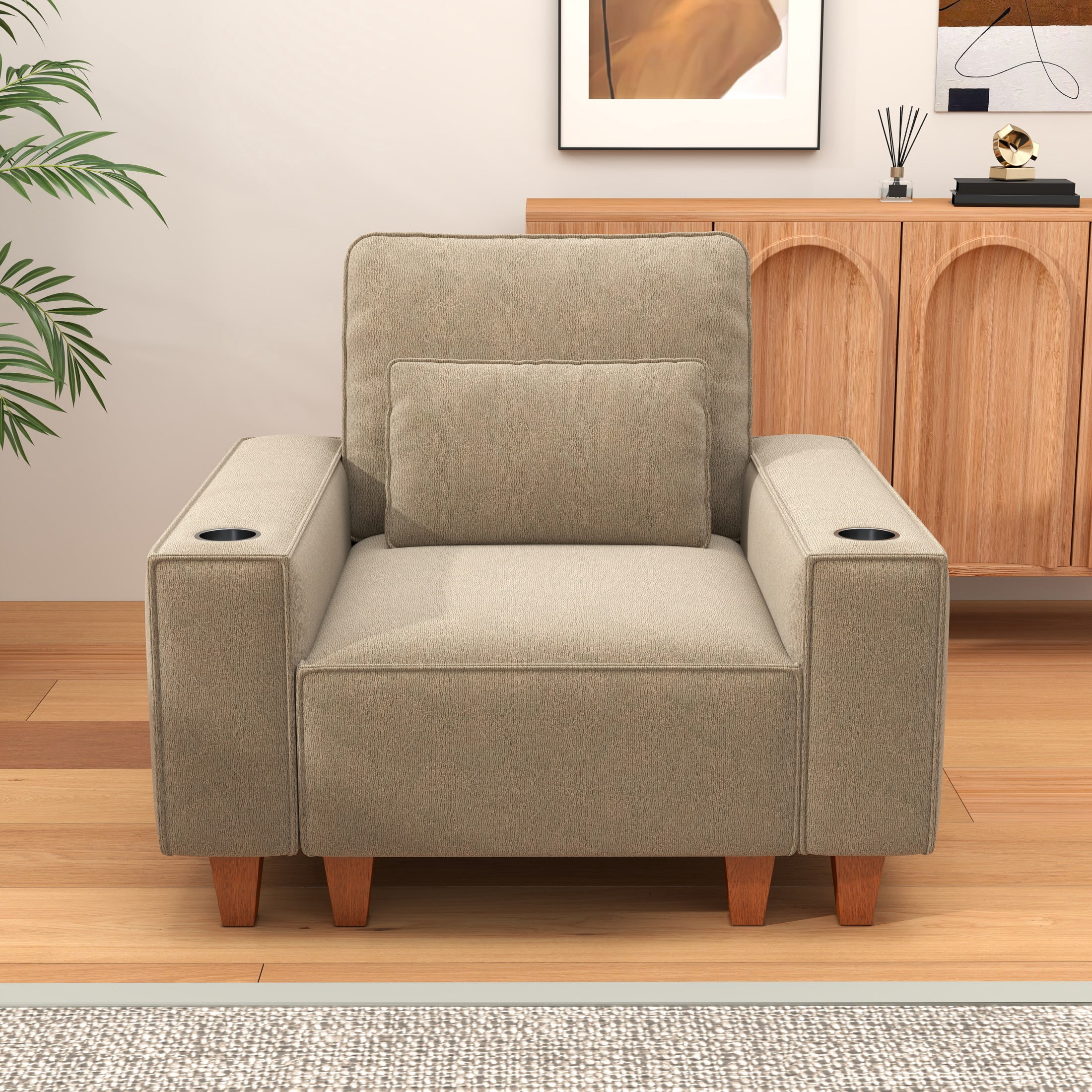 BSHTI Chenille Deep Seat Single Sofa Chair with Brushed Stainless Steel Cup Holder and Decorative Pillow – Modern Cozy Accent Chair for Living Room