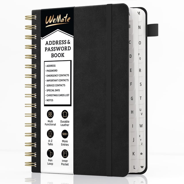 Agenda de Direcciones WEMATE en Espiral de Cuero Negro con Contraseña 14x21cm