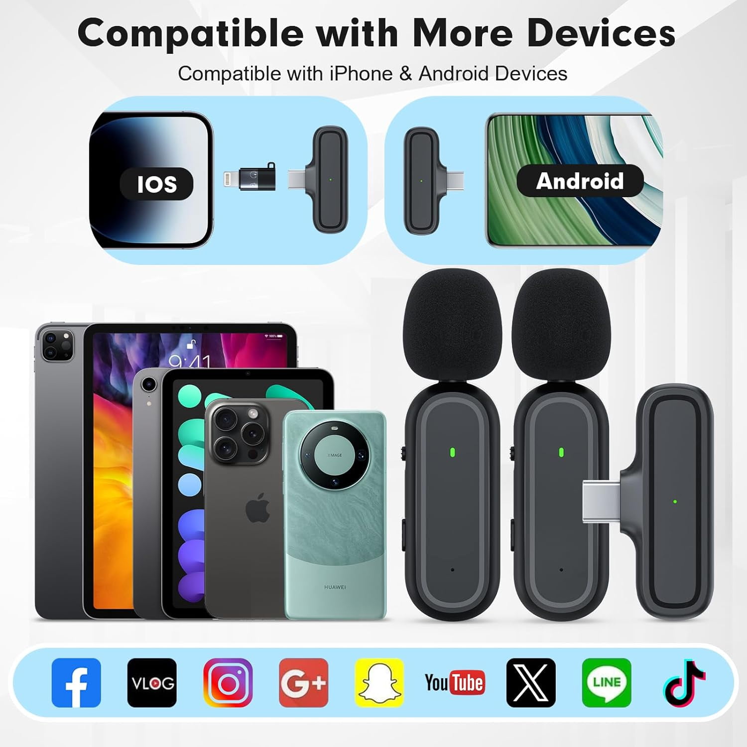 2 Pack Wireless Microphone for Android iPhone iPad with Adapter Included Noise Reduction Plug-Play Clip on Lapel Mic for Video, Recording, Interview Podcast, Vlog, YouTube
