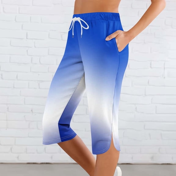 JUSLIO Womens Capris Fashion Print Elastic, Waist Drawstring with Pockets Casual Workout Split Hem Capri Pants