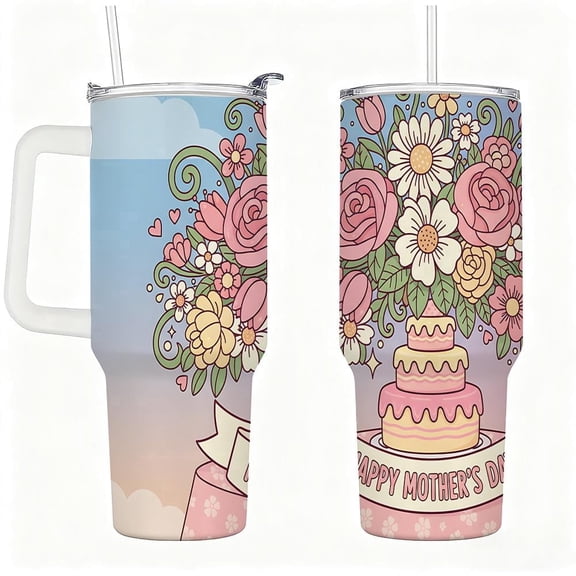 Stainless Steel Insulated Tumbler with Lid and Straw, Floral Cake Happy Mother’s Day Design, Double-Wall Vacuum Travel Cup, Gift for Mom