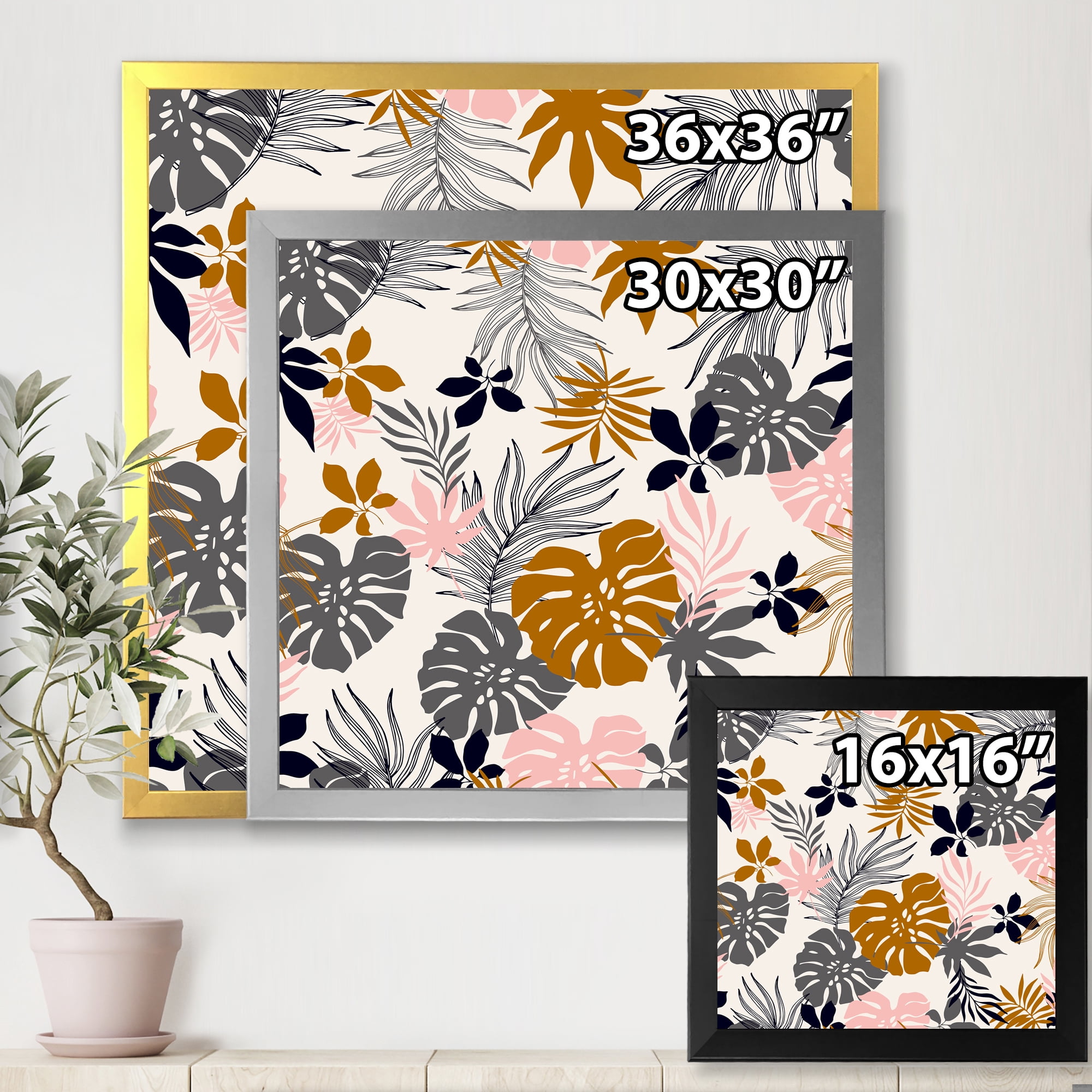 Designart 'Tropical Naturepalm Monstera Leaves In Silhouette On White' Traditional Framed Art Print