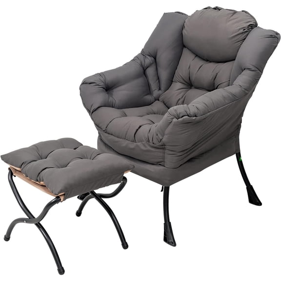 Lazy Chair with Ottoman, Modern Lounge Accent Chair with Armrests and a Side Pocket, Leisure Sofa Armchair, Reading Armchair with Footrest for Small Space, Dark Grey