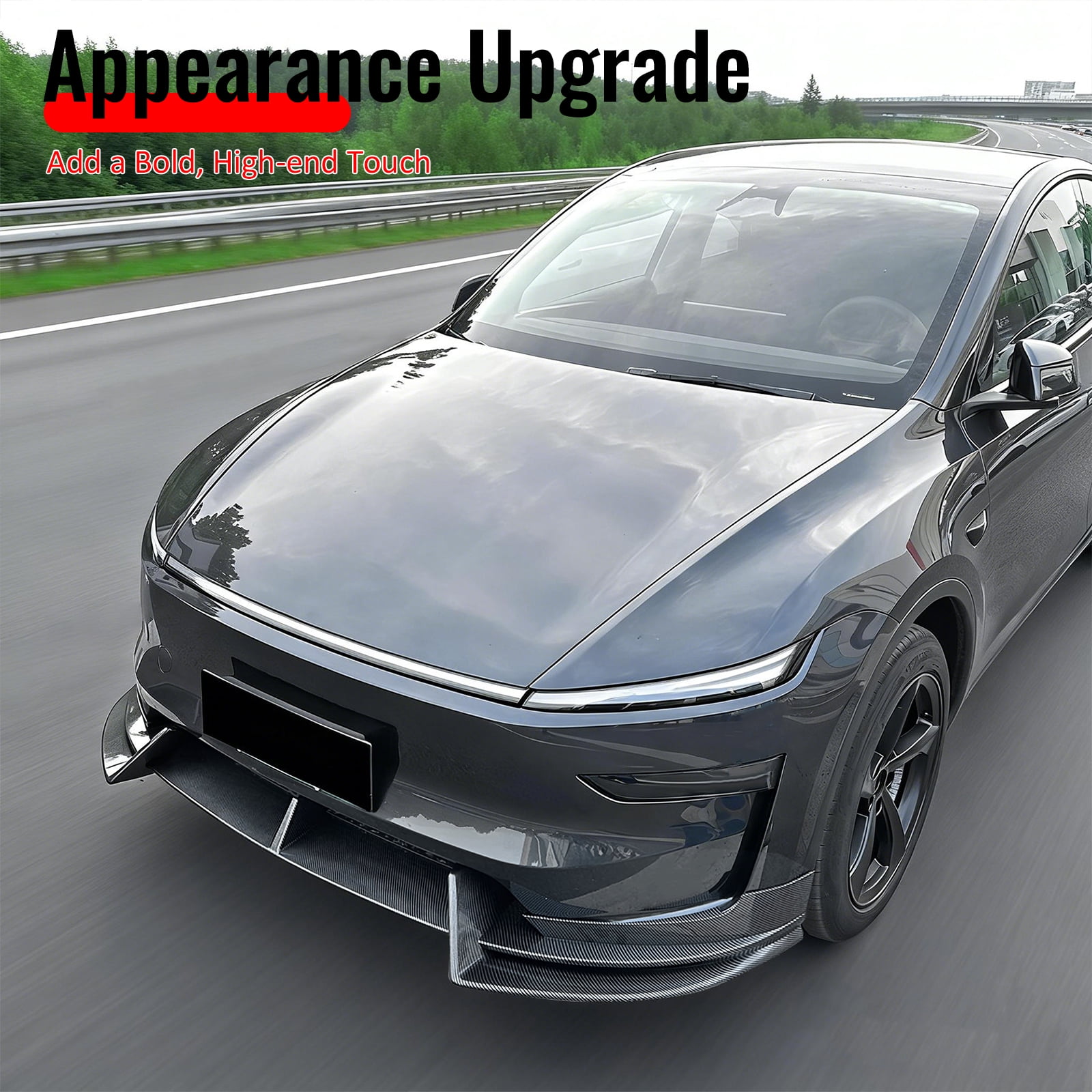 Ikon Motorsports 3PCS Front Lower Bumper Lip Air Dam Chin Spoiler Splitter For 2026 Tesla Model Y Juniper Premium IKON Style Carbon Fiber Print ABS