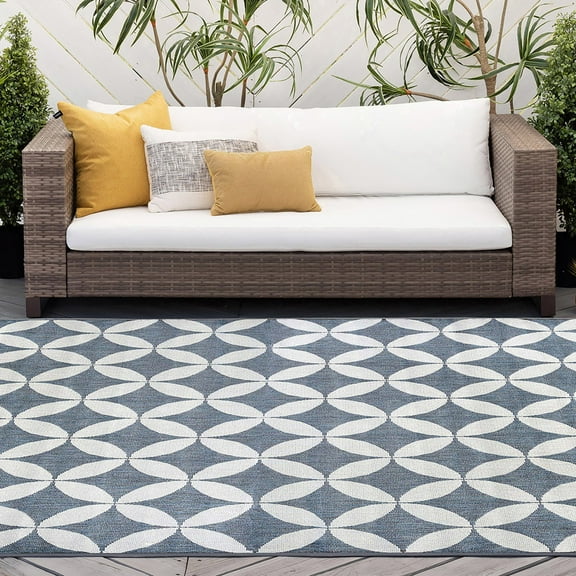 5x7 Water Resistant, Indoor Outdoor Rugs for Patios, Front Door Entry, Entryway, Deck, Porch, Balcony | Outside Area Rug for Patio | Blue, Geometric | Size: 5' x 6'11''