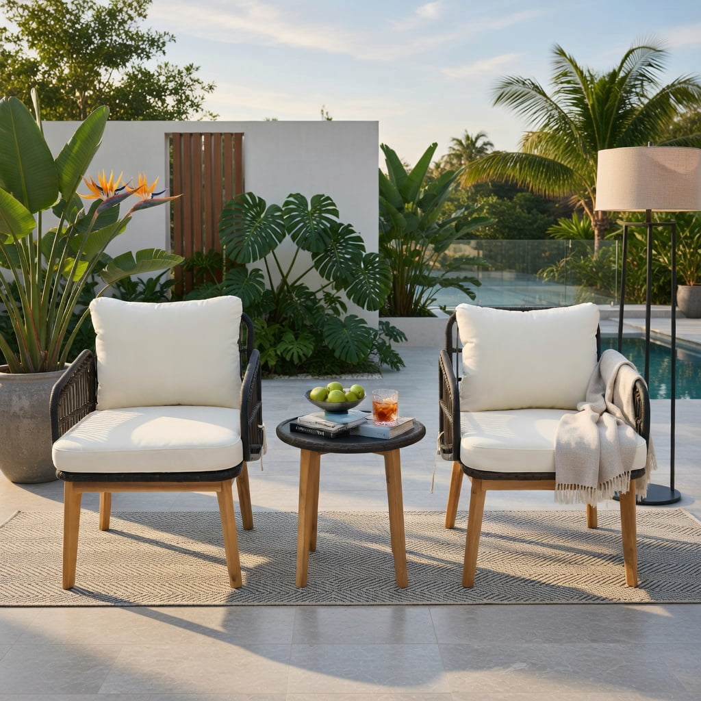 Hommoo 3-Piece Outdoor Patio Furniture Set, PE Rattan Chairs with Tempered Glass Side Table, Acacia Wood Frame, Weather-Resistant Cushions, Black