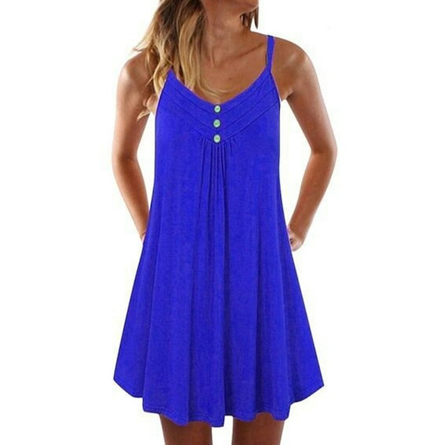 Innerwin Robes à Bretelles Spaghetti Robe Courte Mini Robe de Soirée Boutonnée Ample Robe Trapèze Bleu Paon S