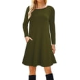 thumbnail image 1 of Vestido camiseta de manga larga para mujer: corte holgado informal, bolsillos, largo midi hasta la rodilla, 1 of 5