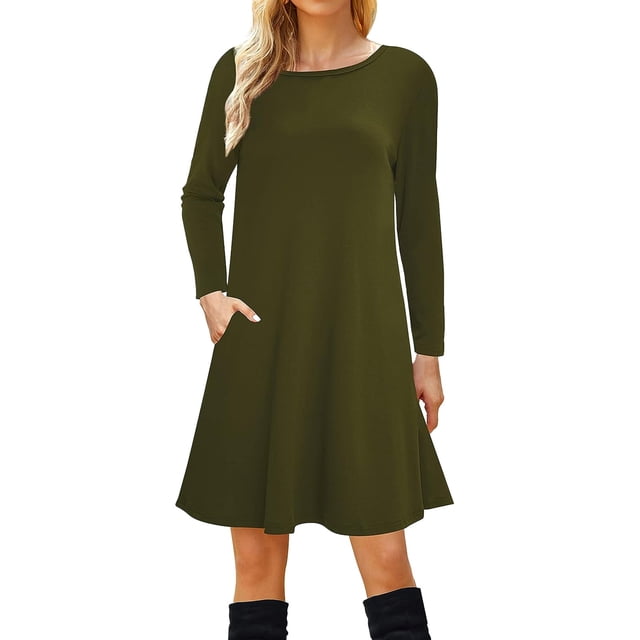 Vestido camiseta de manga larga para mujer: corte holgado informal, bolsillos, largo midi hasta la rodilla
