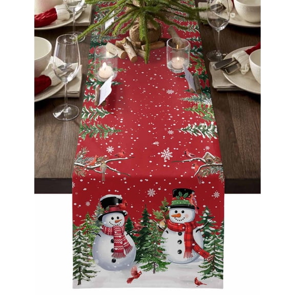Table Runner Dresser Scarves 90 Inch Long,Winter Christmas Snowman Pine Linen Dining Table Runners