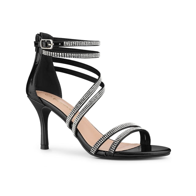 BLISSFUL STEP Women's Shoes Stiletto Heel Open Toe Ankle Strap Rhinestone Buckle Sandals Black 8