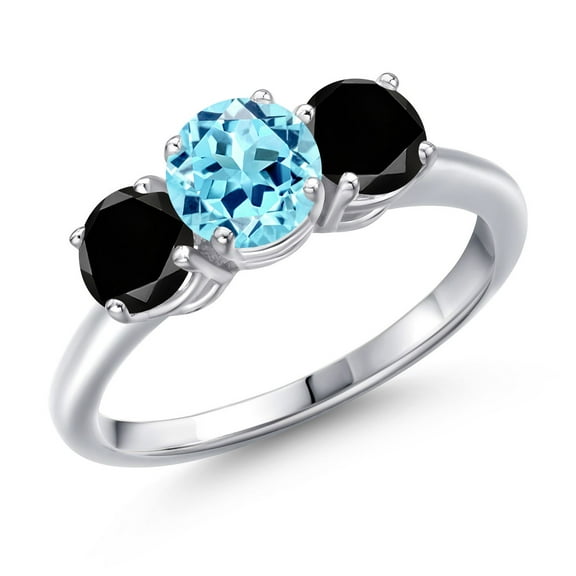 Gem Stone King 925 Sterling Silver Blue Apatite and Black Diamond Engagement Ring for Women | 1.92 Cttw | Round 6MM | Gemstone Birthstone | Size 6