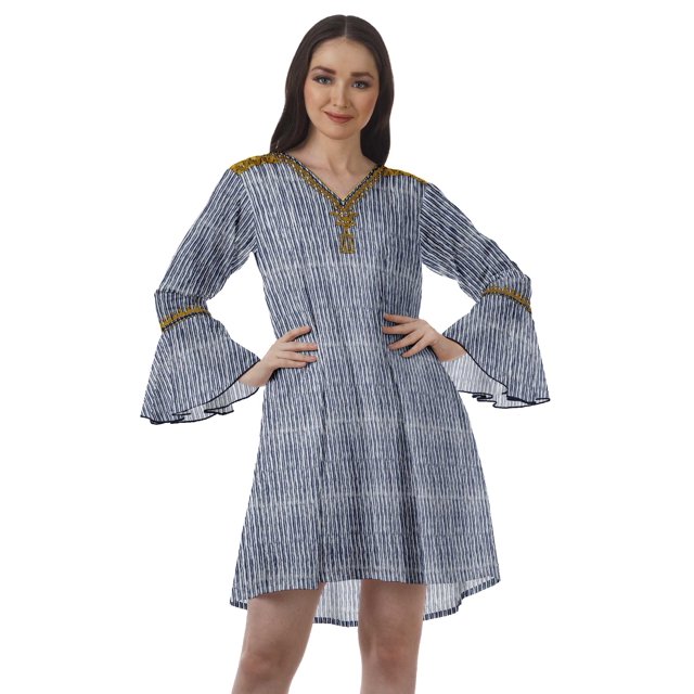 Moomaya Robes Mini Imprimées Col en V Femmes Manches à Volants Robes de Plage Femmes