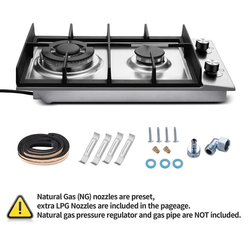 GD 12 in. 2 Burners Recessed Gas Cooktop with Tempered Glass Top, for Dual Fuel LPG/NG, Stainless Steel