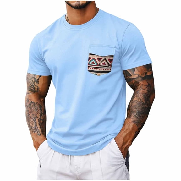 TKKCS Mens Short Sleeve T-Shirt with Print Pocket- Pullover Lightweight Summer Casual Breathable Crew Neck Tees Light Blue Size 2XL