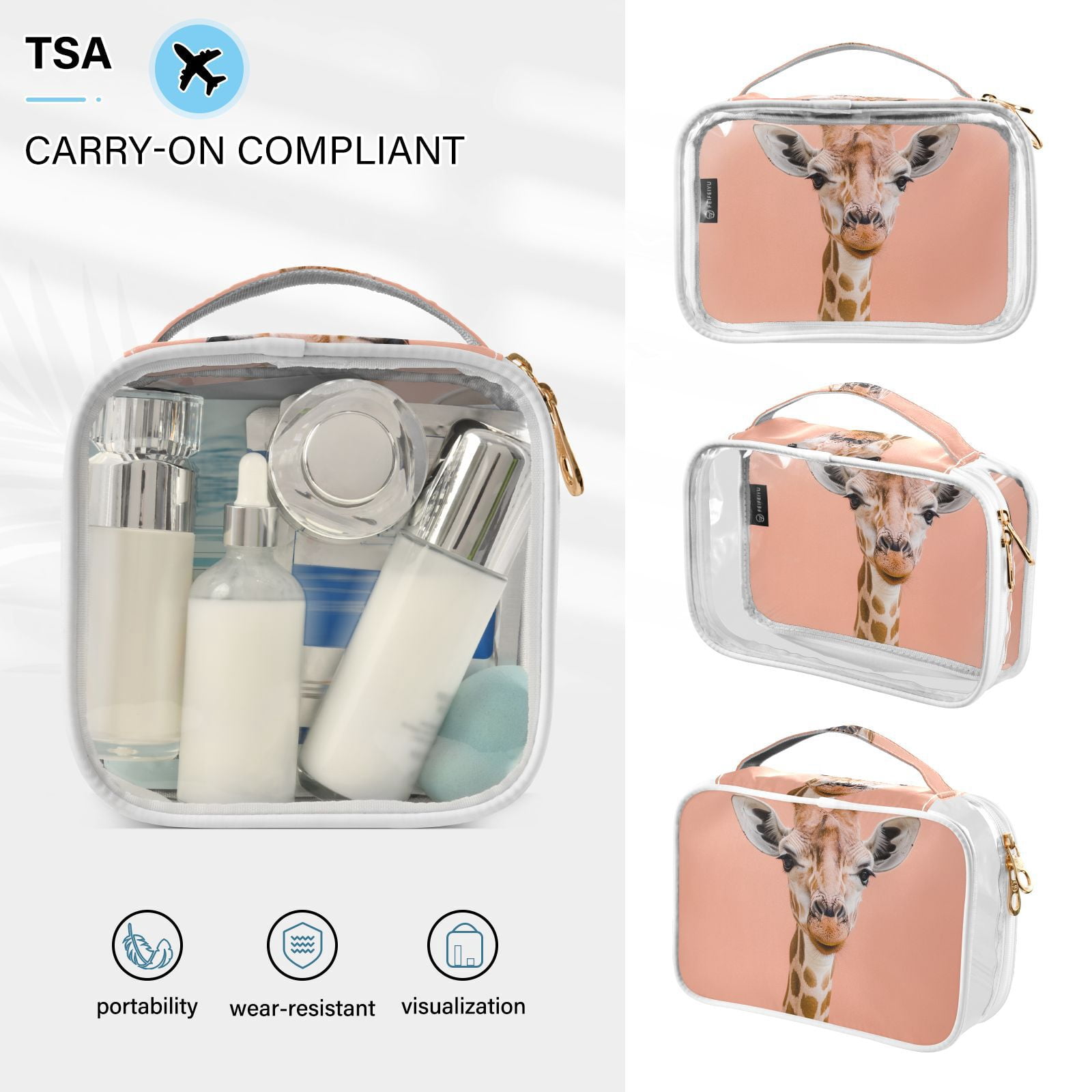 Clear Makeup Bags with Handle Large Opening 2 Pack Set Toiletry Bag Quart Size Bag, for Women Man Traveling Travel Essentials, Toiletries and Other. Giraffe Pink
