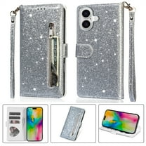 Allytechgroup Glitter Case for iPhone 16, Bling PU Leather Flip Folio Stand Cards Holder Anti-Scratch Shockproof Bumper Wallet Case Cover for iPhone 16, Silver