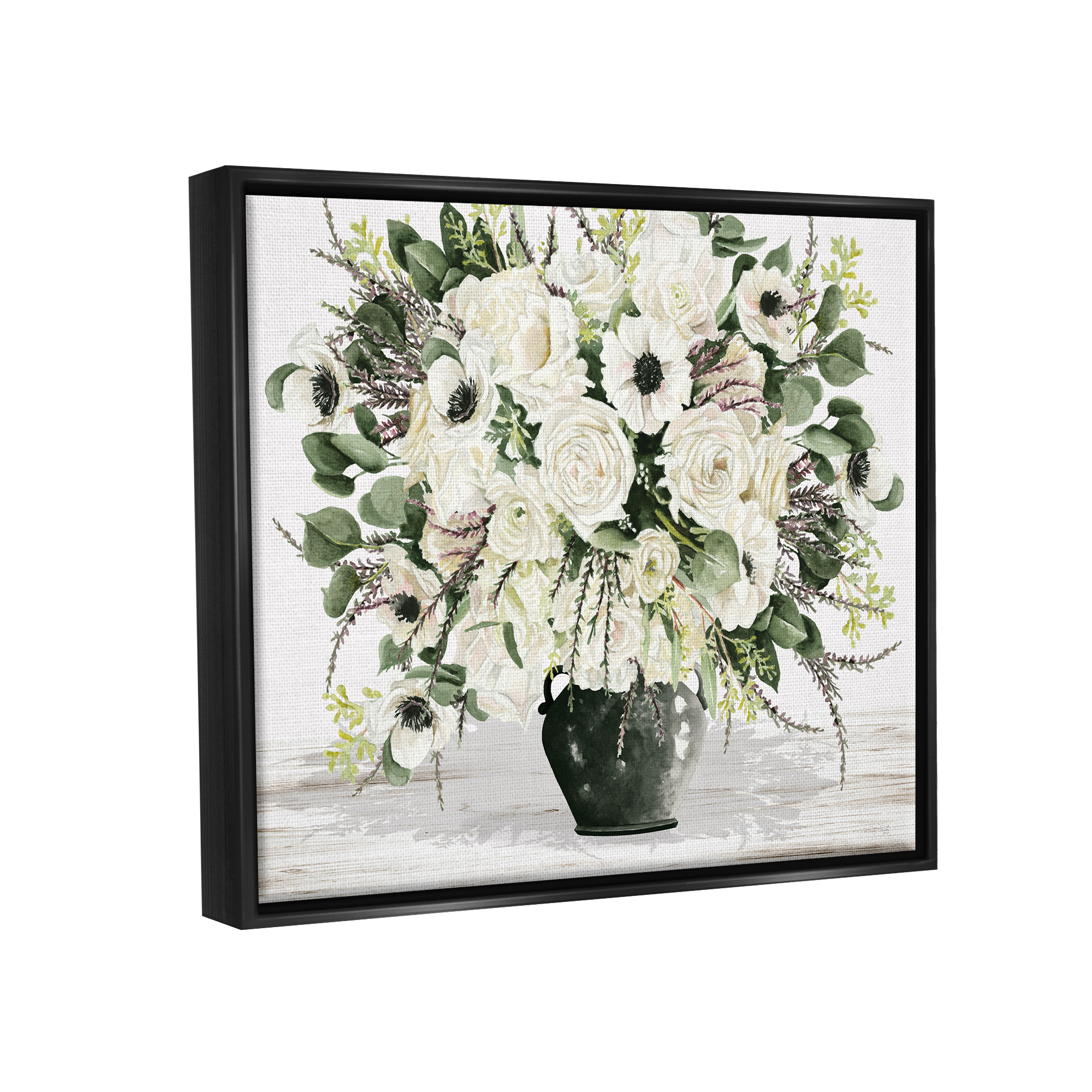 Stupell Industries White Blooming Blossoms Botanical & Floral Painting Black Floater Framed Canvas Art Print Wall Art, 21 x 17