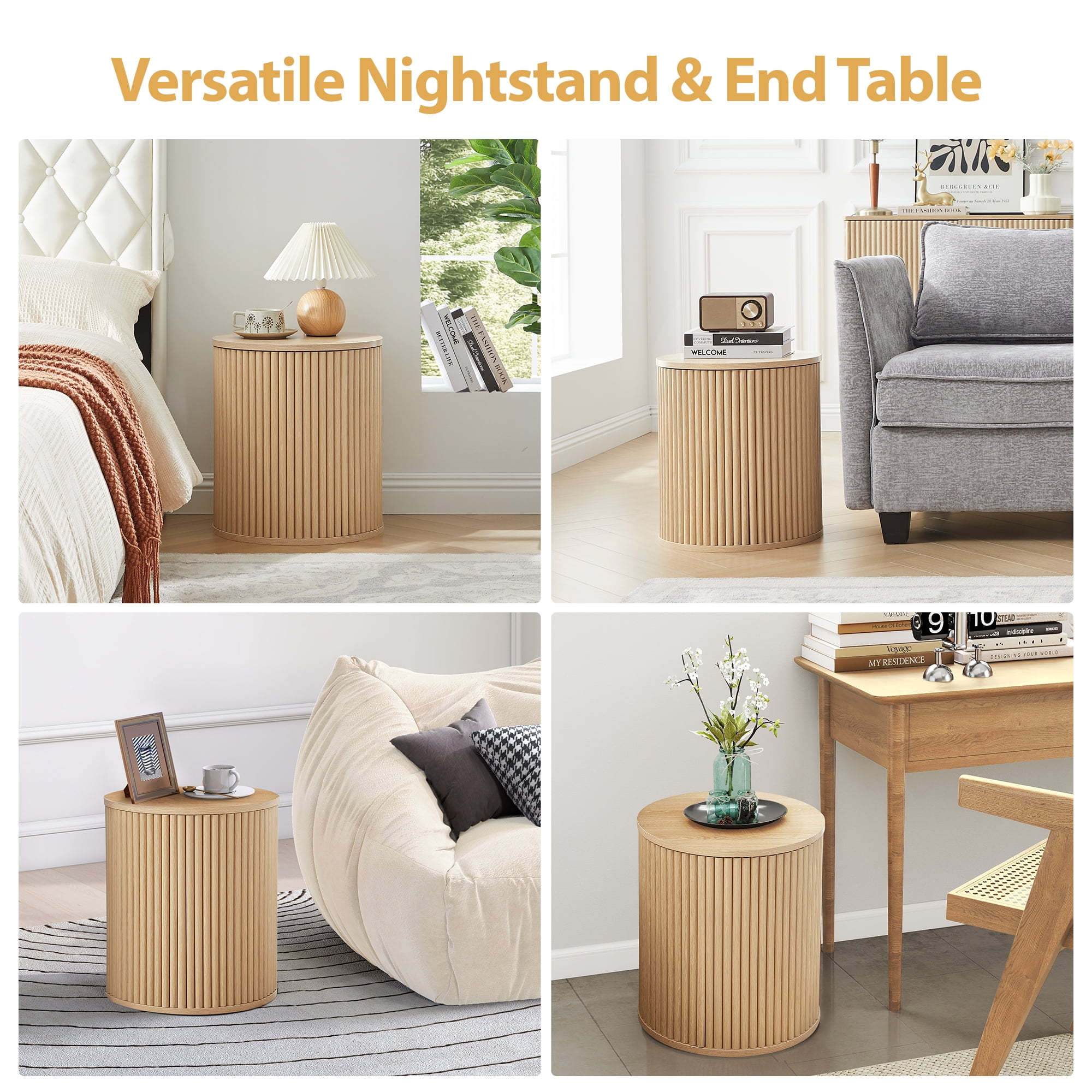 Wirrytor Round Side Table for living room, Fluted End Table for Small Spaces, Mid Century Modern Small Accent Tables, Bedside Table, Couch Side Table, Nightstand for Bedroom Couch,Oak