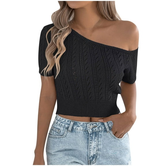 Youyipin Womens Tops 2025 Women Off One Shoulder Slanted Shoulder Sweater Tops Summer Short Sleeve Casual Loose Knit Tees Blouse Trendy Going Out Tops Spring Outfits