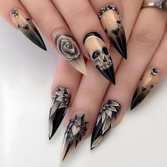 Prensador AROVFAM con forma de calavera de Halloween para uñas postizas, 24 unidades, para mujer