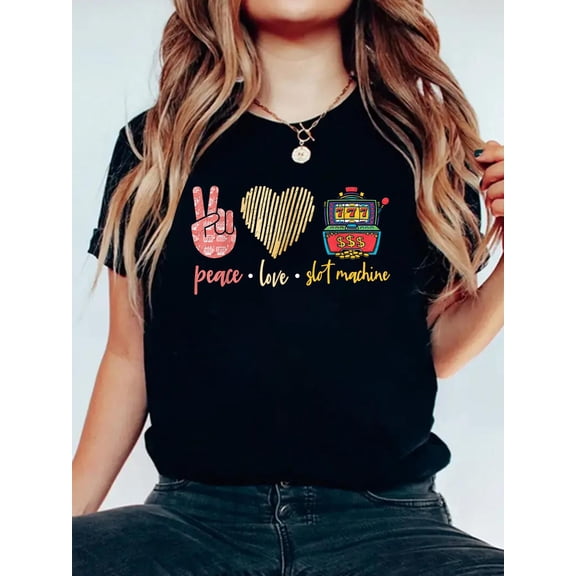 100% Cotton Peace Love Slot Machine, Lucky Las Vegas Casino Game T-Shirt Women's Graphic Tee Casual Tops