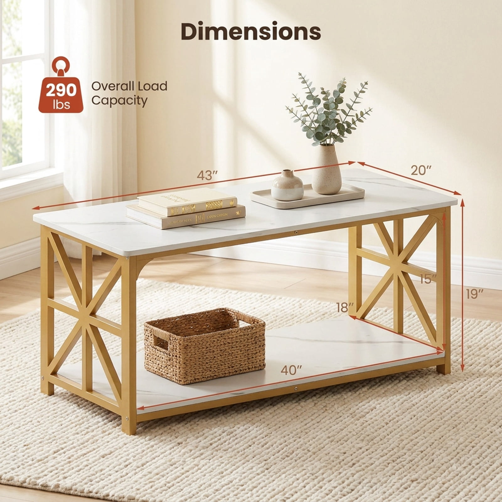 Furnibear 2-Tier Modern Center Coffee Table with Bottom Storage Shelf and Gold X-Accent Carbon Steel Frame for Living Room, White