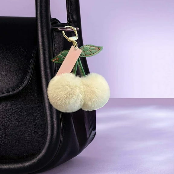 Gallickan Cherry Keychain, Fruit Plush Ball Backpack Charm Metal Clip, Cute Accessory Pendant Decor Gift, White