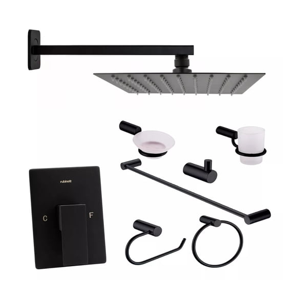 Juego Baño Cuadrado Regadera 25cm Monomando 8 Piezas Negro Lujo
