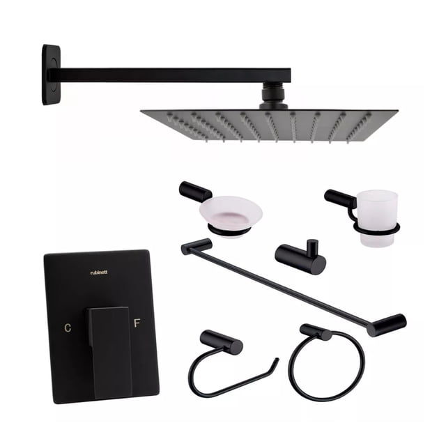 Juego Baño Cuadrado Regadera 25cm Monomando 8 Piezas Negro Lujo
