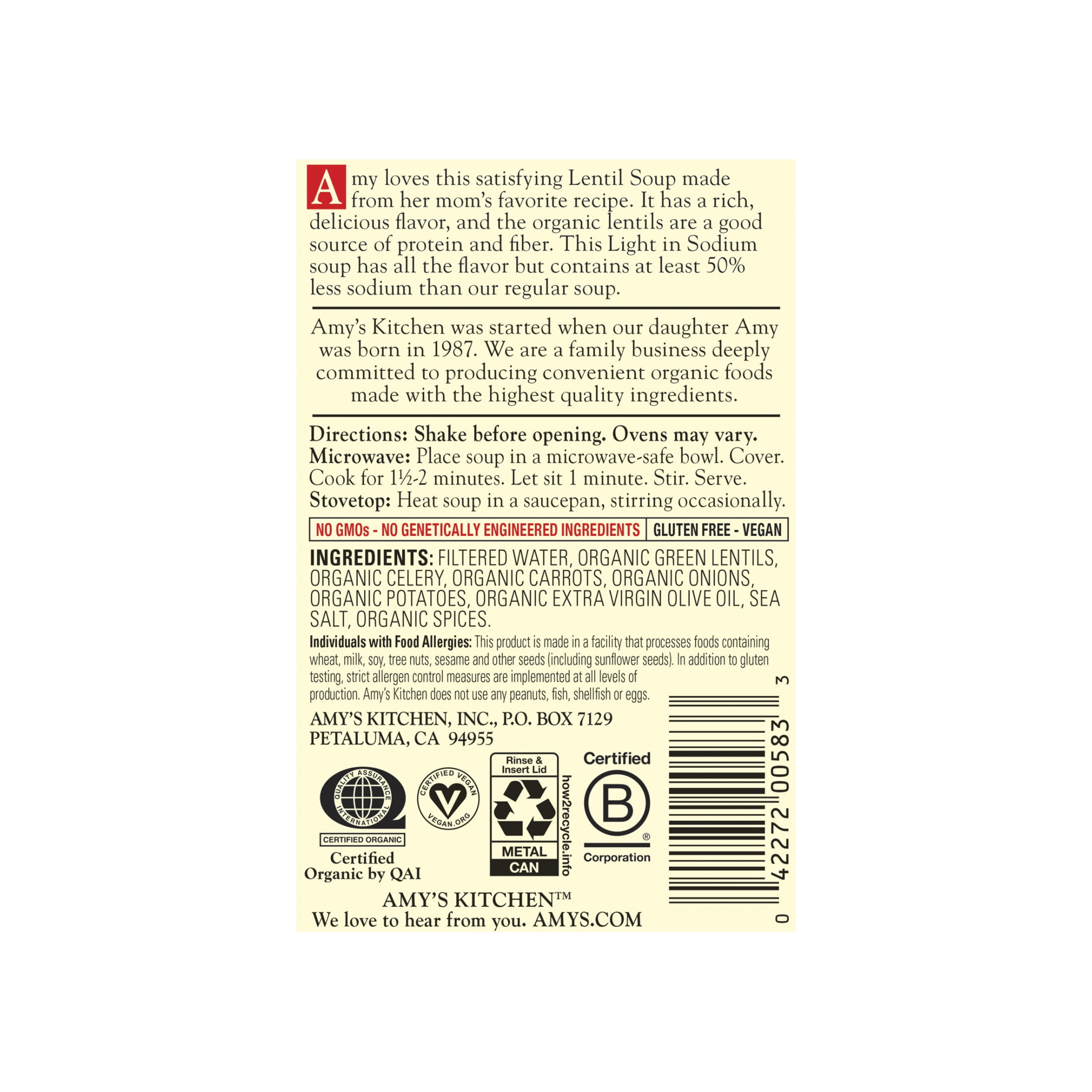 Amy’s Soup, Organic Light in Sodium Lentil Soup, Made With Organic Lentils, Canned Soup, 14.5 Oz
