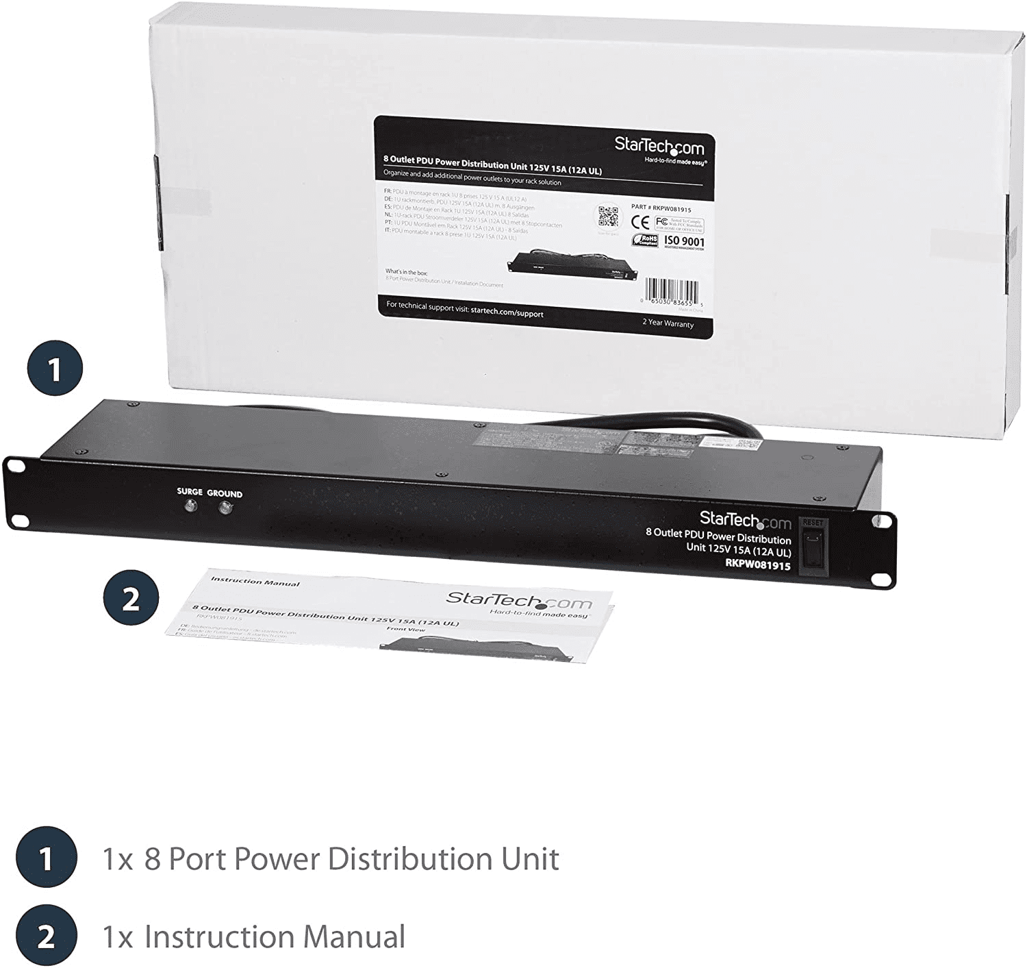 StarTech.com 8 Outlet Horizontal 1U Rack Mount PDU Power Strip for Network Server Racks - Surge Protection - 120V/15A - with 6 Ft Power Cord (RKPW081915), Black