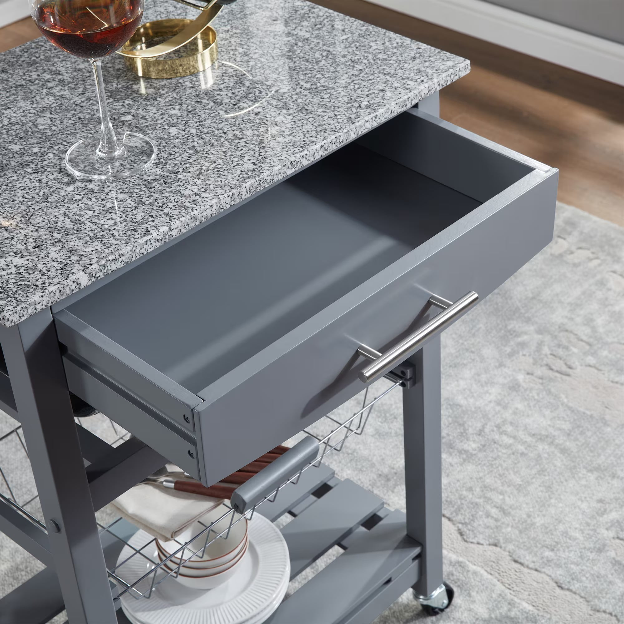 Mobile Rolling Kitchen Island Cart with Marble Top, Kitchen Trolley with Drawer, Slide-Out Wire Basket, Lockable Casters, Portable Serving Cart for Kitchen, Dining Room, Grey