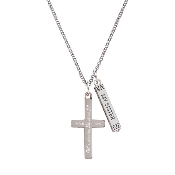 Delight Jewelry Stainless Steel Psalm 46:5 - She will not Fall Engraved Cross - Silvertone Always My Sister Bar Charm Necklace, 23"