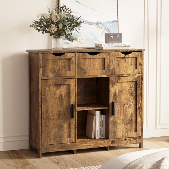 Gzxs 31.1" Farmhouse Buffet Cabinet with Storage, Sideboard Cabinet with 3 Drawer and Adjustable Shelves, Kitchen Cupboard Coffee Bar Station for Dinning Room, Kitchen, Hallway, Living Room (Vintage)