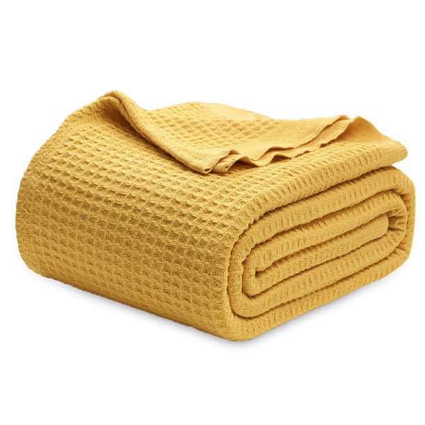 Manta Bedsure, 100% algodón, tejido gofrado, tamaño queen, color amarillo mostaza