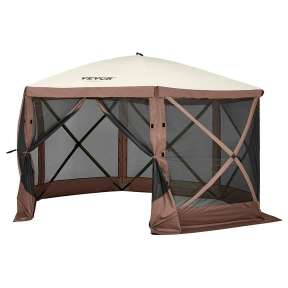 6-Sided Pop-Up Gazebo Canopy Sun Shelter, 11.5'x11.5' Instant Screen Tent with 6 Removable Privacy Walls, Mesh Windows & Mosquito Netting, Brown