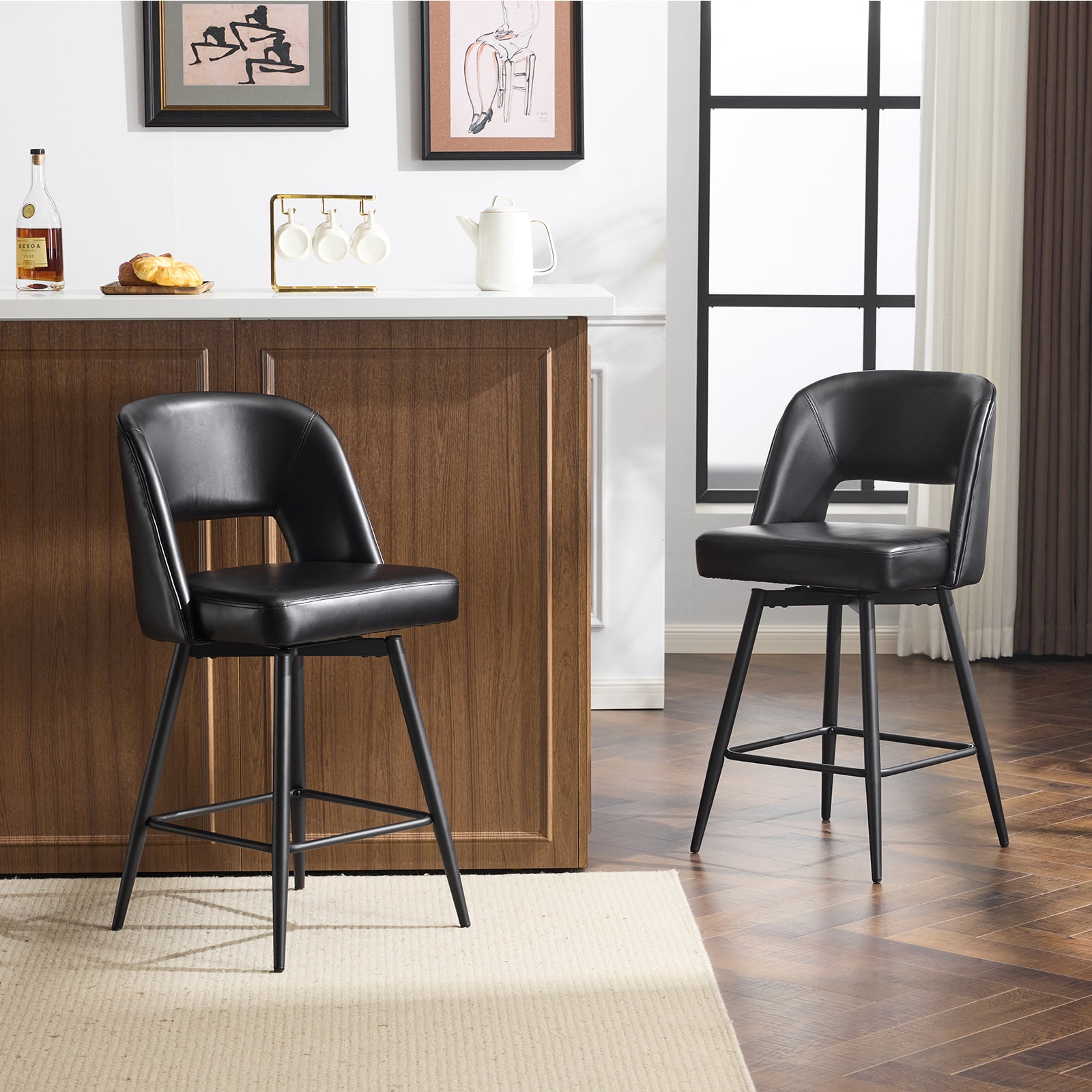 Ktaxon Swivel Barstools 2 Set, Counter Height Chairs 26in Padded Bar Height Upholstered Stools, Black