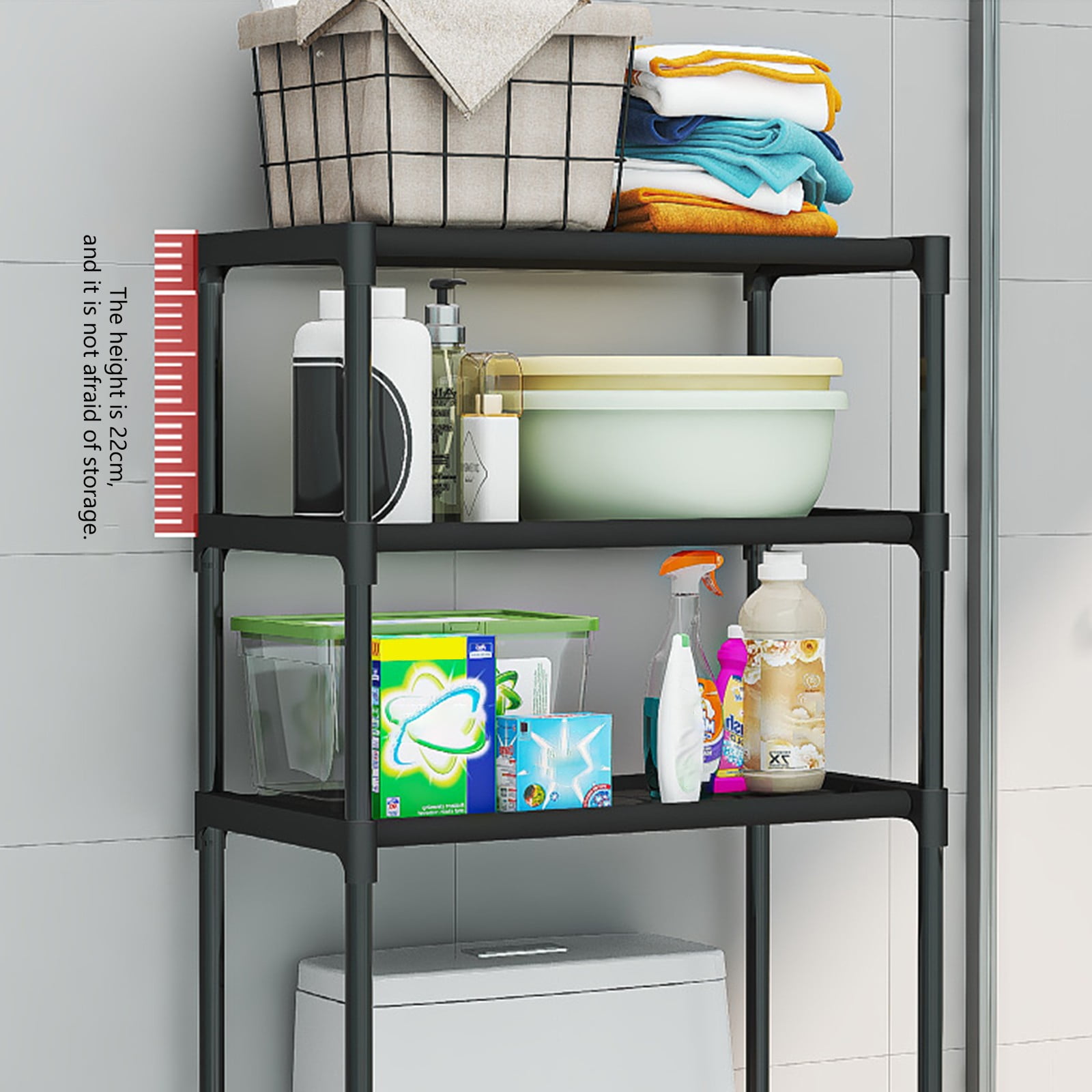 CCWADH 3 Tier Over The Toilet Storage Rack, Plastic Bathroom Organizer Shelves Cabinet Above Toilet, Freestanding Shelf Space Saver, Black