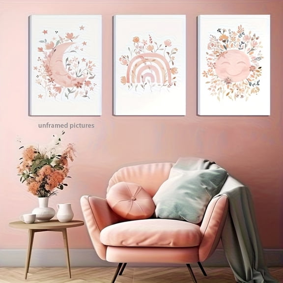 3pcs Frameless Bohemian Wall Art - Pink Wildflower Sun Moon Rainbow Canvas Posters, Soft Pastel Floral Paintings for Girls Bedroom, Kids Room Decor, Modern Minimalist Nursery Wall Decorations, Cozy