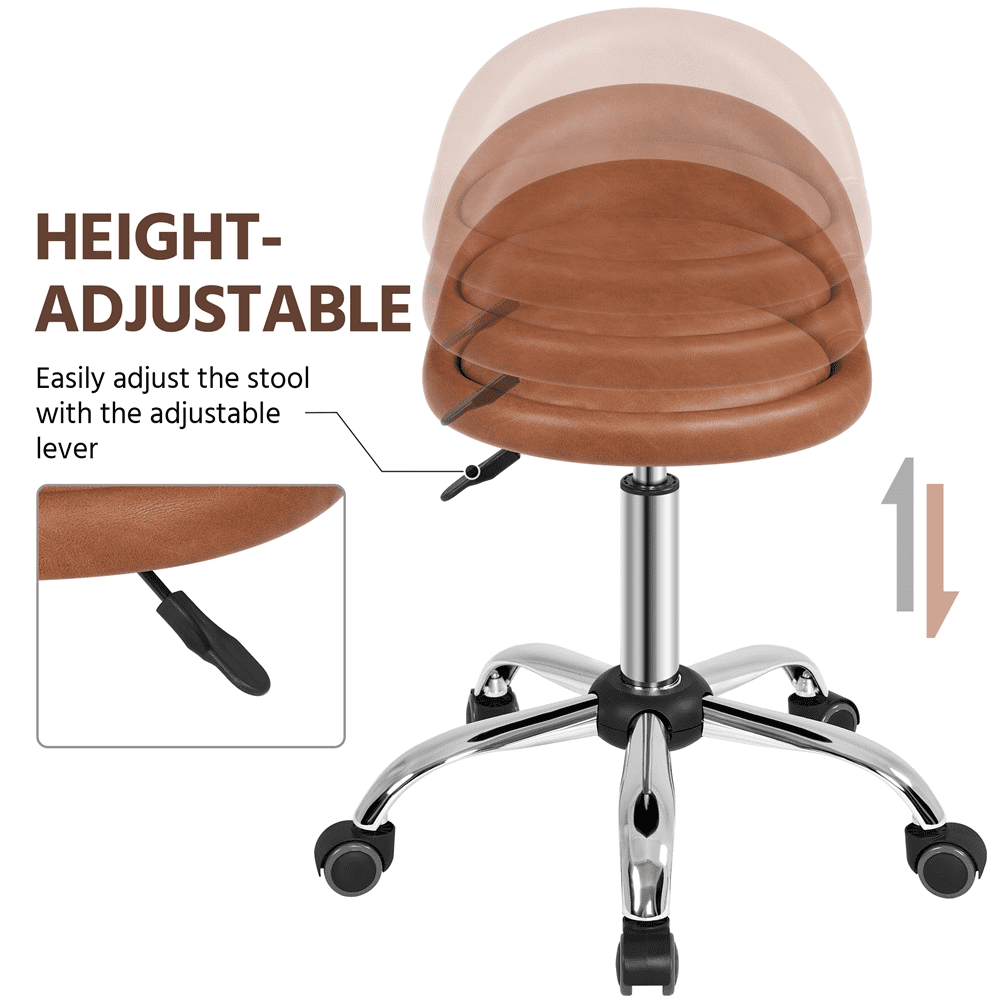 Alden Design Modern PU Leather Rolling Salon Stool with 5 Castors for Spa Massage Manicure, Brown