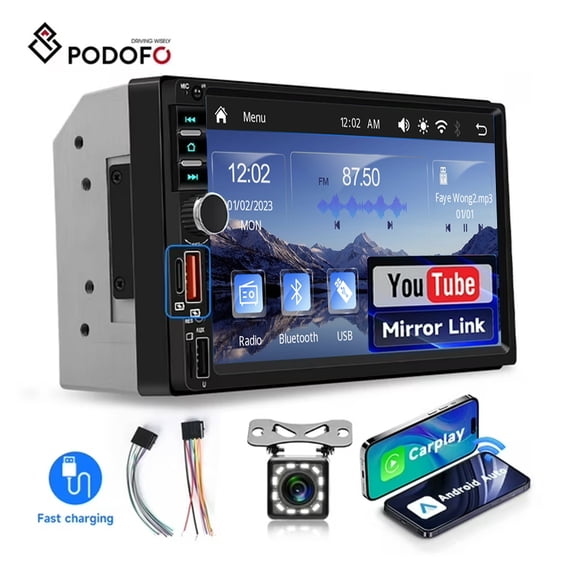 Podofo 7 in Double Din Car Stereo Radio Wireless Carplay Android Auto Bluetooth  Backup Camera
