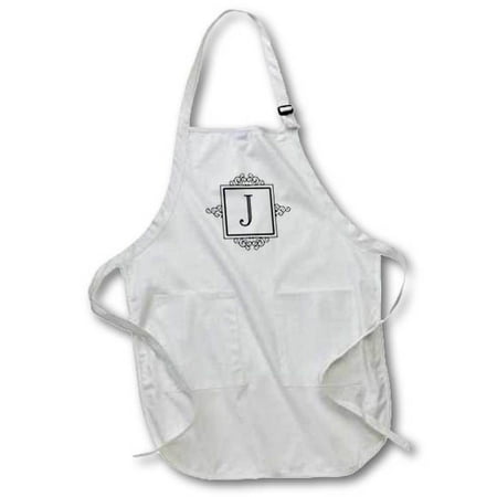 

3dRose Initial letter J personal monogrammed fancy black and white typography elegant stylish personalized Full Length Apron 22 by 30-inch White With Pockets