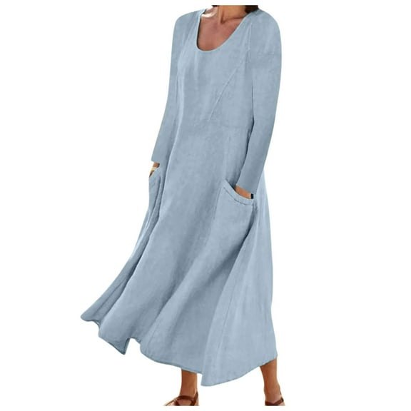 Maxi Linen Dresses for Women 2024 Beach Flowy Long Dress Short Sleeve A-Line T-Shirt Long Dress Casual Pockets