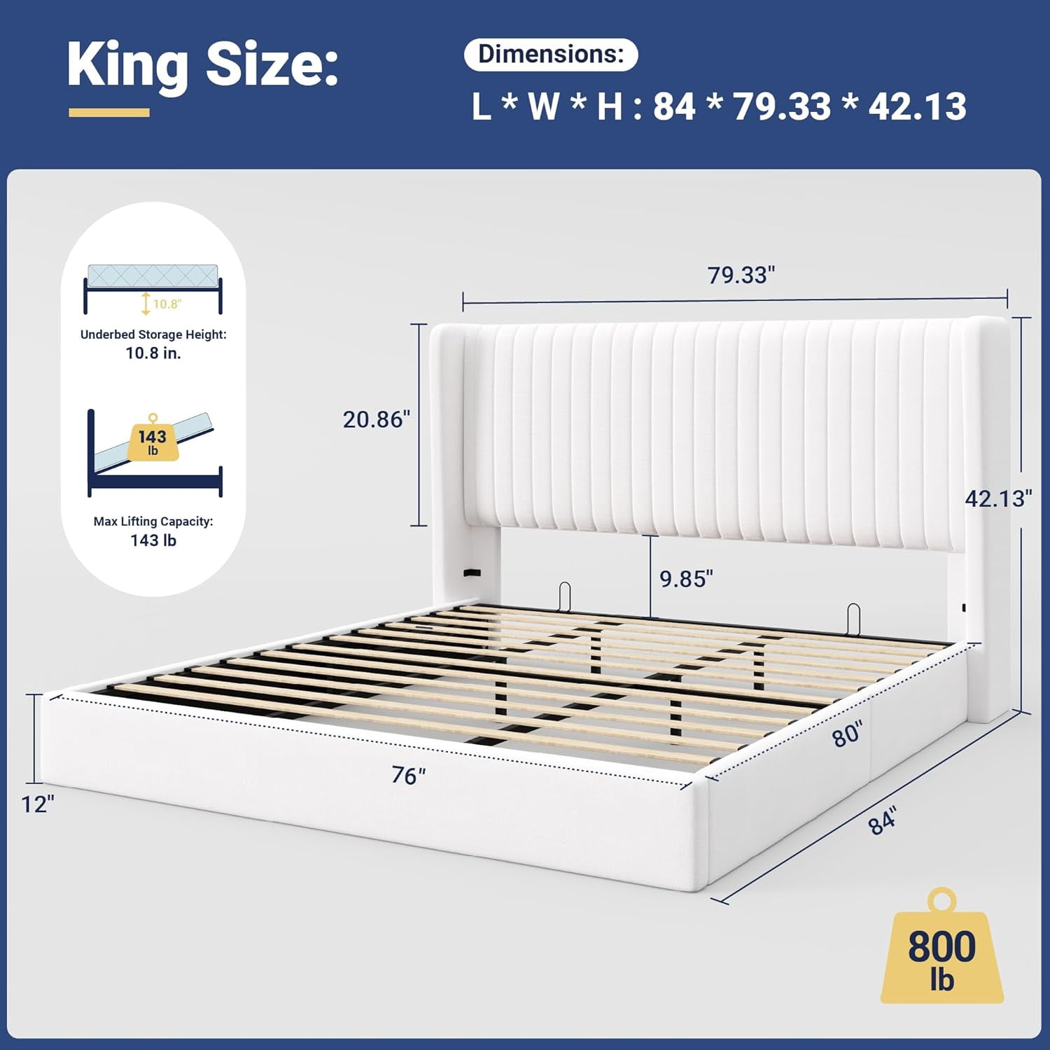 Allewie King Size Lift Up Storage Bed Frame, Hydraulic Support System, Upholstered Platform Bed Frame, Vertical Channel Tufted Headboard with Wingback, White