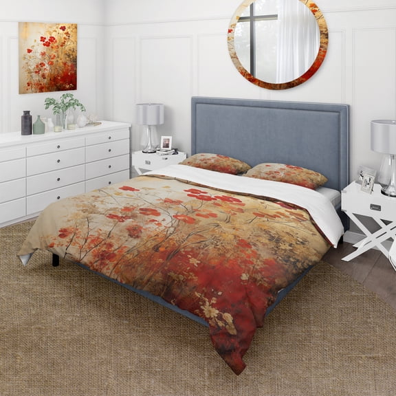 Designart "Floral Japanese Tiles in Gold and Red I" Abstract Botanicals Bedding Covert Set - Abstract Gold Modern Bed Set With 2 Shams