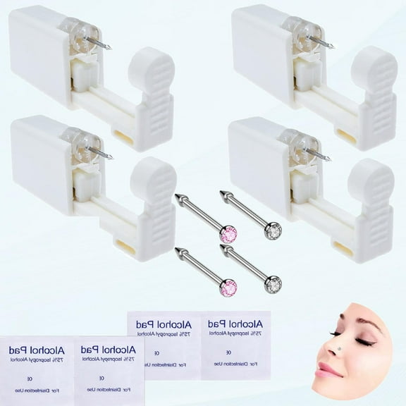 4-pack disposable self-piercing kit with built-in nose pin, very safe piercing gun, easy and convenient to operate, perfect for home use (White Pink)