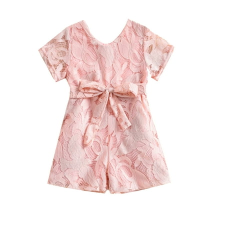 

Toddler Girls Bodysuits Toddler Kids Girls Soild Lace Hollow Out Short Sleeves Bowknot Romper Jumpsuit Shorts Cloths For 4-5 Years